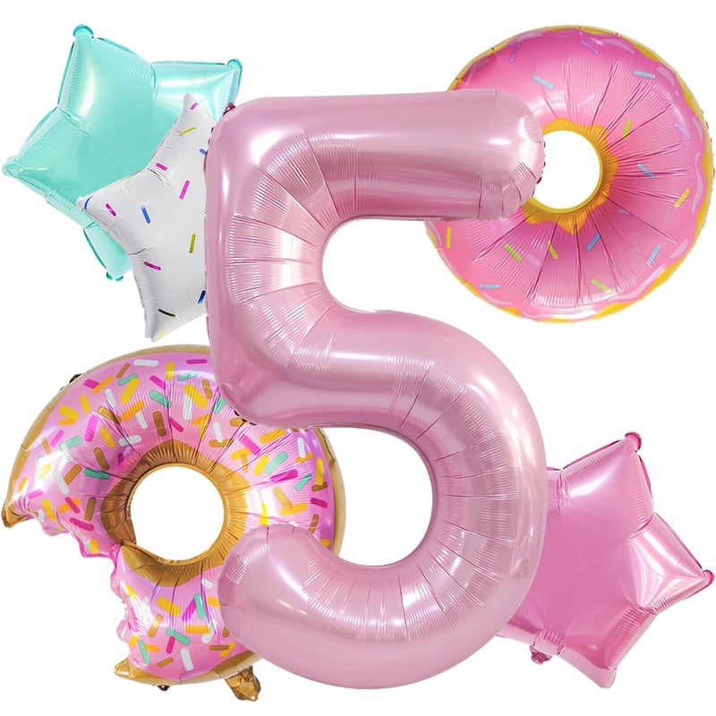 Dokuna Donut Birthday Decorations  6 PC Balloons 5th Birthday for Girls  Giant Number 5 Foil Mylar Balloon  5 Years Old Theme Party Supplies Decor (Donut-5) - Image 1